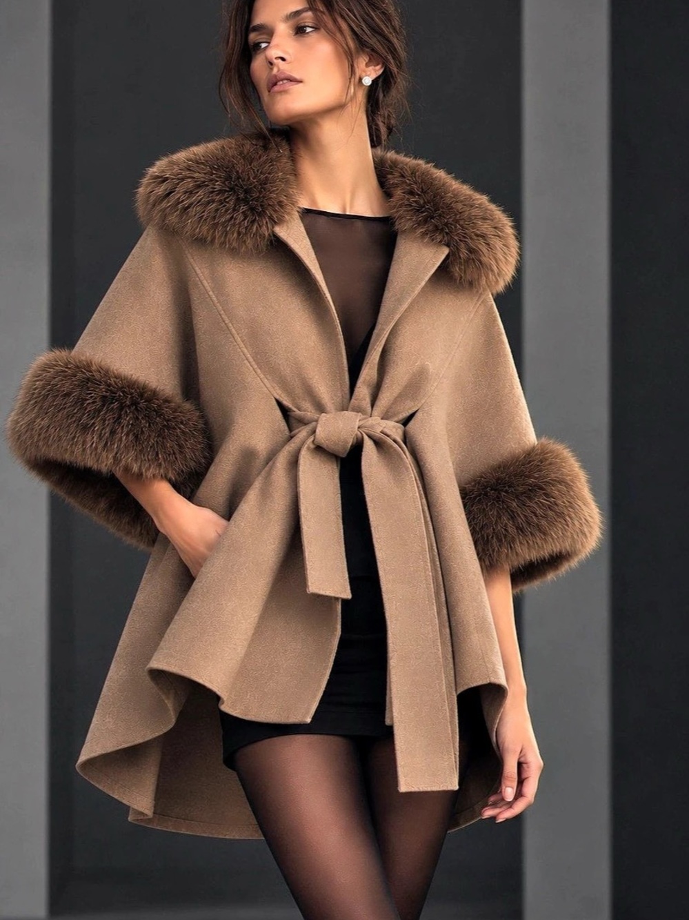 BCBGMAXAZRIA Faux Fur Trim Belted Cape Poncho Coat Taupe Brown One Size